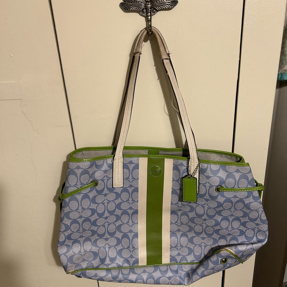 Stylish Blue and Green Coach Tote Bag